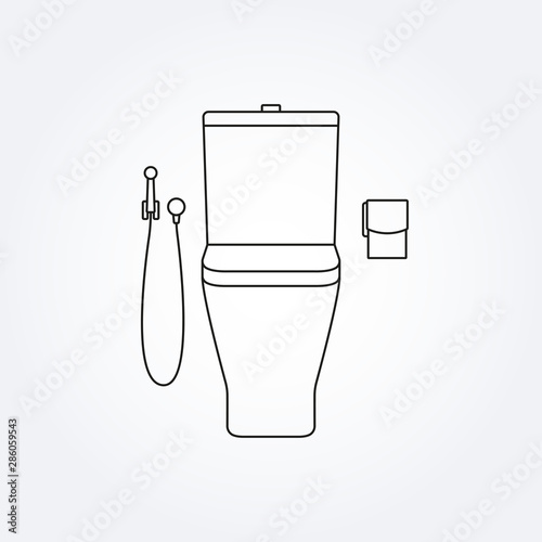 Toilet bowl line icon with toilet paper and hygienic shower. Vector illustration.