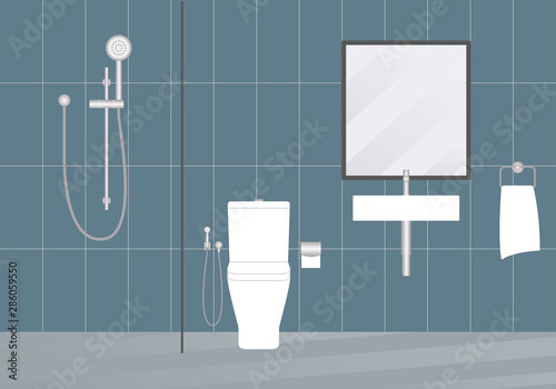 Bathroom interior with modern shower, sink and toilet. Minimal design. Vector illustration.