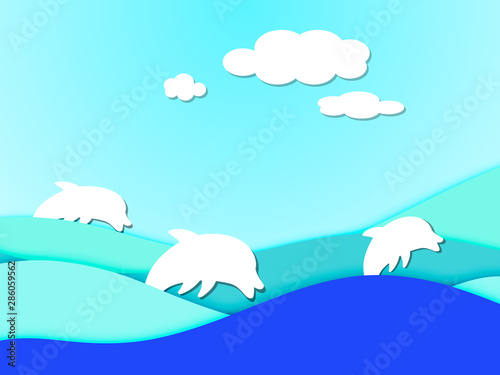 Paper sea waves and couple of dolphins. Paper cut deep style vector. Marine wildlife. Origami style with wavy lines colors