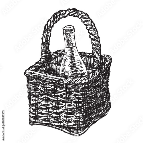 Vintage wicker picnic hamper bottle of wine. Sketch vector illustration