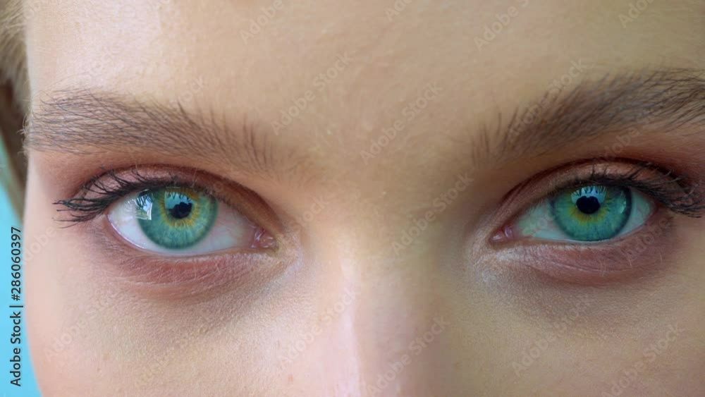 A close up portrait of beauty young beautiful woman's eyes, smiling looking at camera. 4 k. blue eyes of woman face, beautiful woman girl female portrait model, The girl's eye. opening her blue eyes
