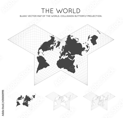 Map of The World. Collignon butterfly projection. Globe with latitude and longitude lines. World map on meridians and parallels background. Vector illustration.