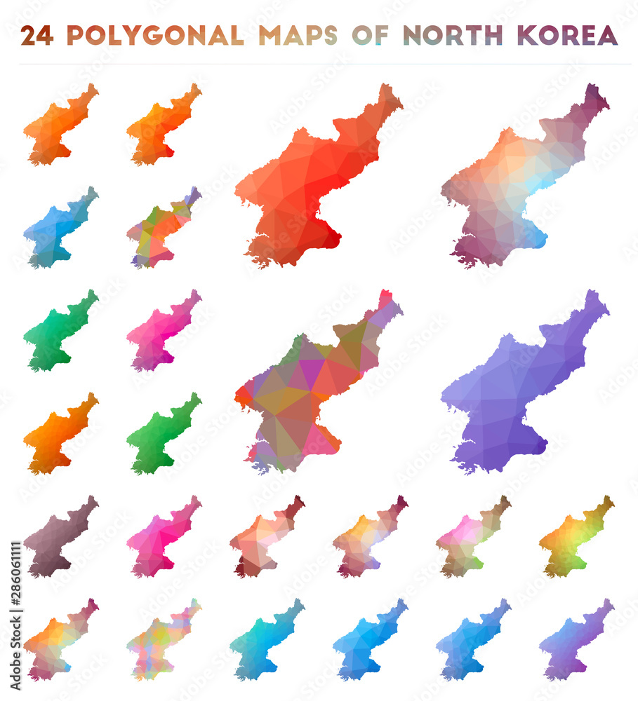 Set of vector polygonal maps of North Korea. Bright gradient map of country in low poly style. Multicolored North Korea map in geometric style for your infographics.