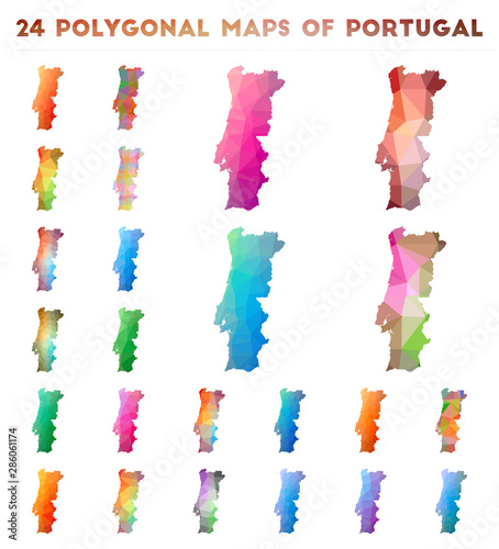 Set of vector polygonal maps of Portugal. Bright gradient map of the country in low poly style. Multicolored Portugal map in geometric style for your infographics.