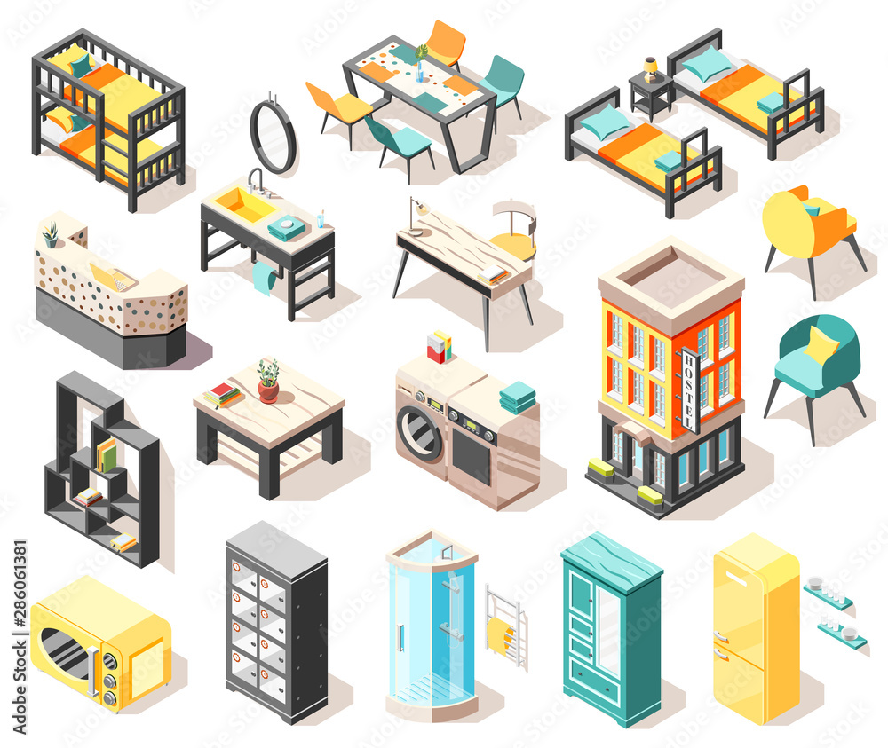 Hostel Isometric Icons Set Hostel Isometric Icons Set