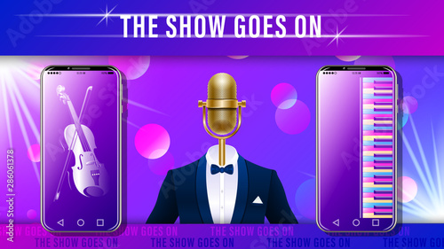 Music show. gold mic in tuxedo and smartphone.