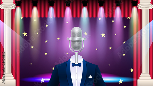 Realistic blue metal microphone in tuxedo.