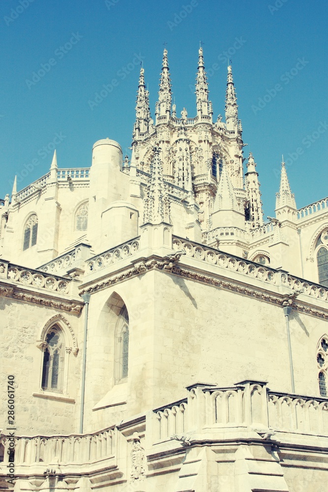 Medieval cathedral of Burgos, Spain. Retro filtered colors style.