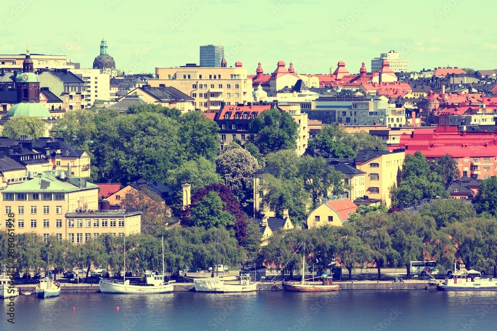 Stockholm city skyline. Retro filtered colors style.