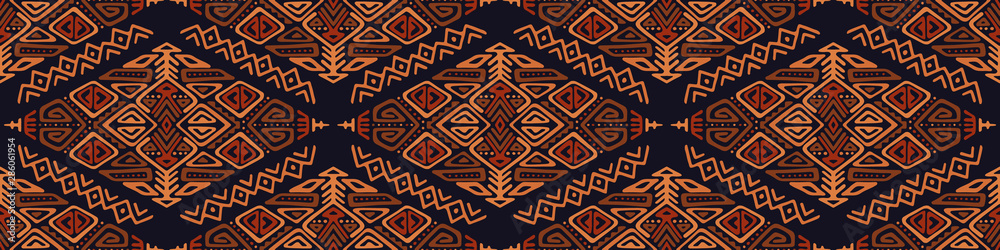 Vector Seamless Pattern in Ethnic Style. Trendy hand drawn boho tile. Creative tribal endless ornament, perfect for textile design, wrapping paper, wallpaper or site background. - obrazy, fototapety, plakaty 