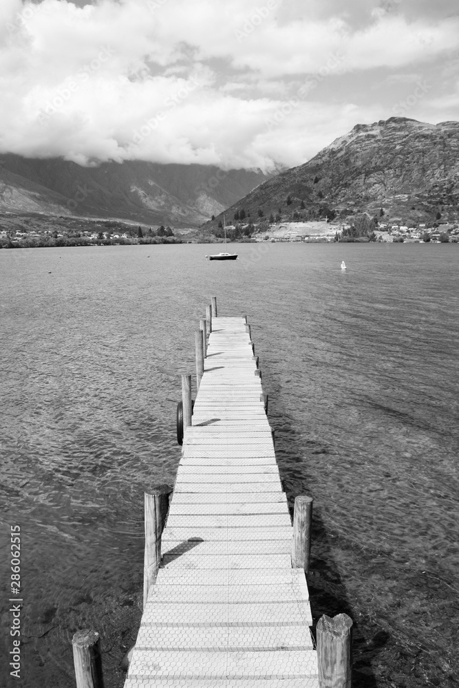 Lake Wakatipu. Black and white vintage style.