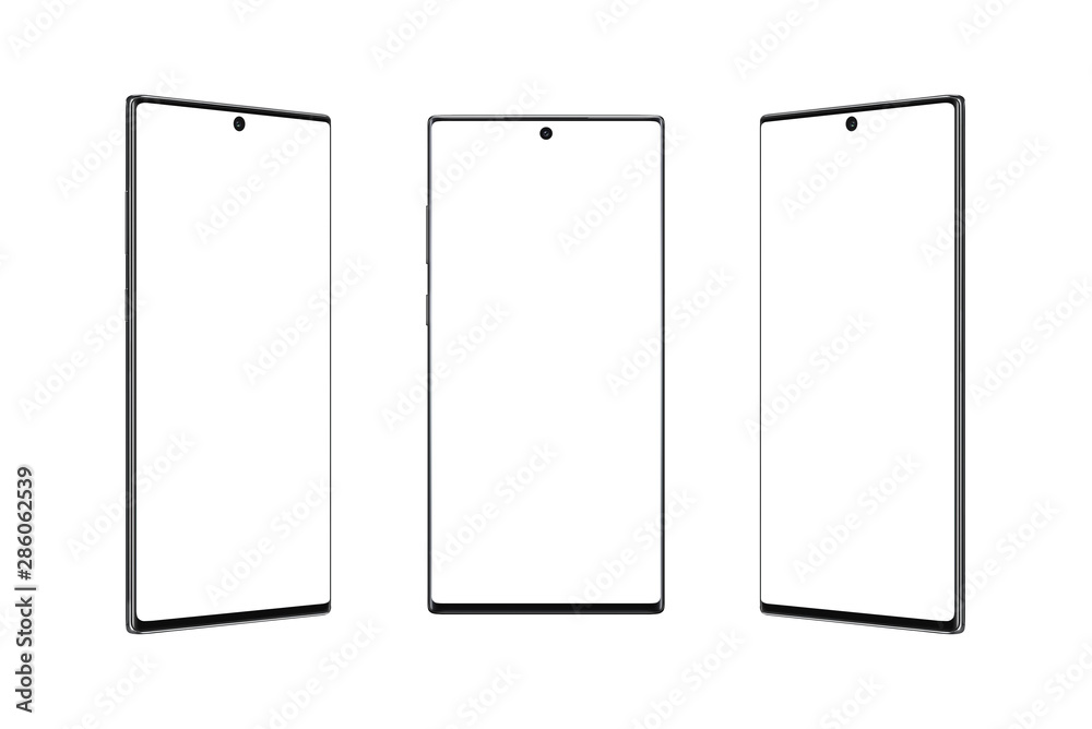 Modern phone in three positions isolated. Front, and two side positions. Thin edges, camera built into the display. Modern phone in three positions isolated. Front, and two side positions. Thin edges, camera built into the display.