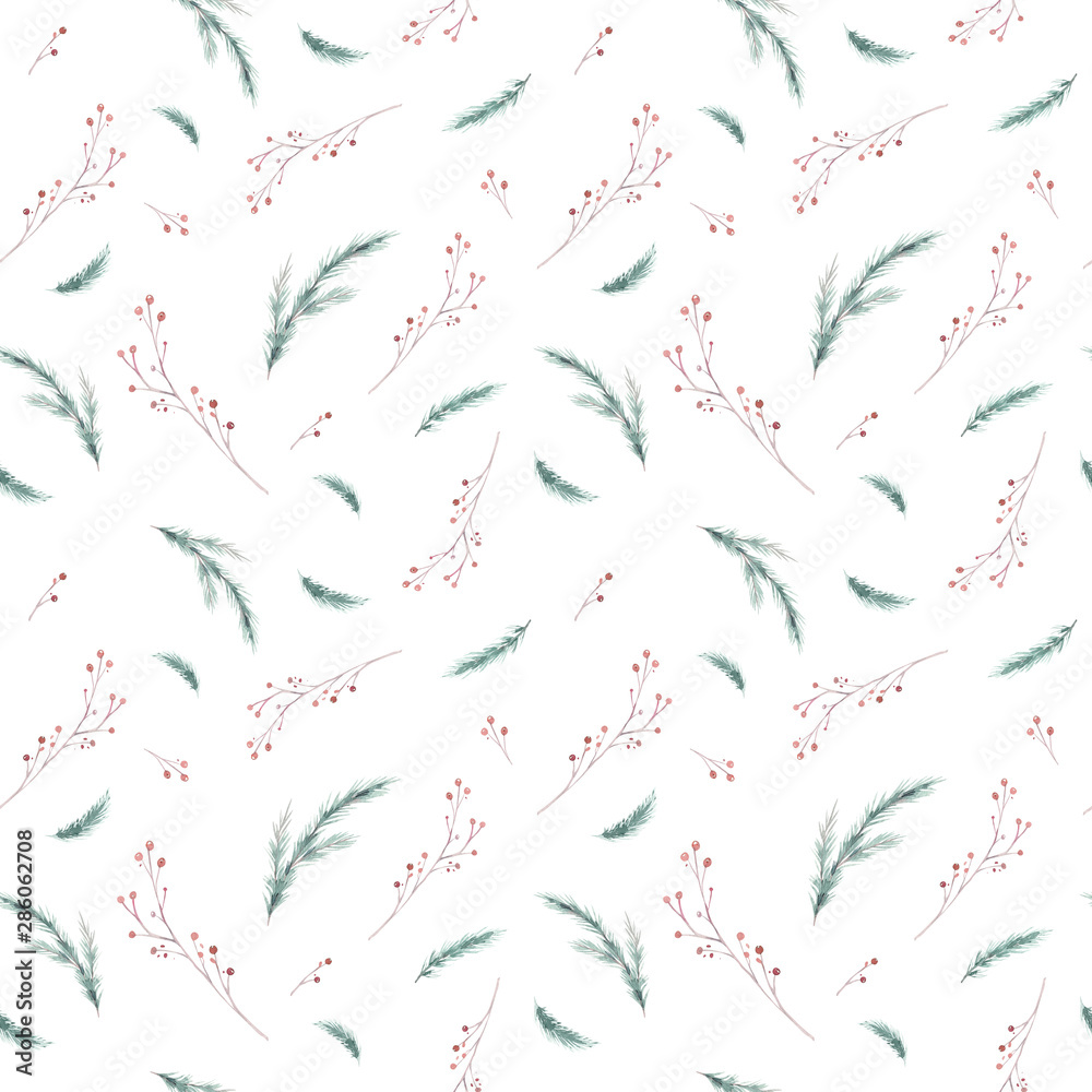 Hand-drawn winter pattern with Merry Christmas branches and berry, fir and pine elements. Hand painted watercolor seamless organic backgraund pattern. Holiday wallpaper paper decor Hand-drawn winter pattern with Merry Christmas branches and berry, fir and pine elements. Hand painted watercolor seamless organic backgraund pattern. Holiday wallpaper paper decor