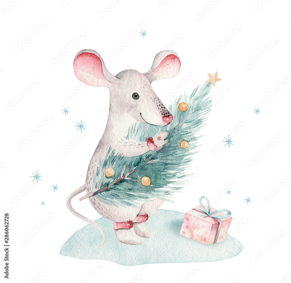 Set of Christmas Woodland forest cartoon cute mouse animal character.  Winter rat 2020 christmas tree floral elements, bouquets, berries,  fllowers, snow and snowflake Stock Illustration | Adobe Stock