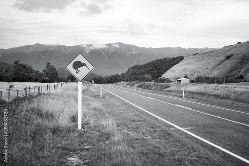 New Zealand kiwi warning sign. Black and white vintage style.