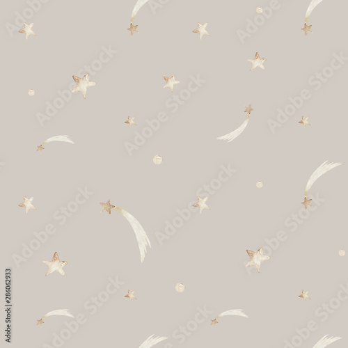 Isolated watercolor illustration of yellow and orange gold stars moon seamless pattern background texture. Fabric design