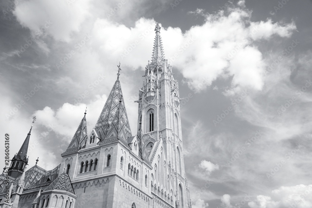 Budapest Mathias church. Black and white vintage style.