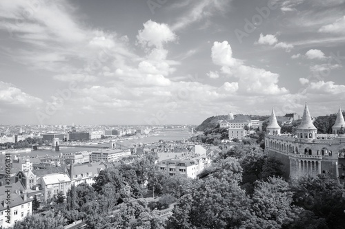 Budapest cityscape. Black and white vintage style.