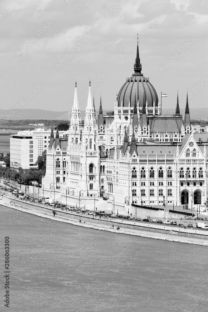 Budapest Parliament. Black and white vintage style.