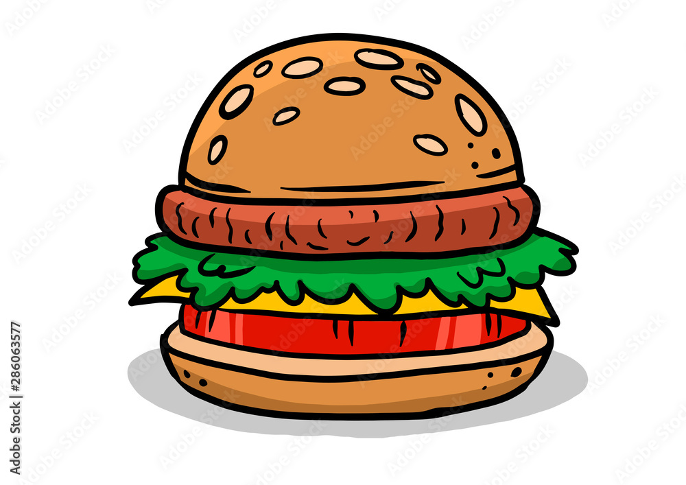 Fast Food Burger With Ingredients Layers Illustration of an appetizing fast food cheeseburger icon, with separated layers of tomatoes, red onions, salad leaves, cheese, ketchup sauce and beef steak Fast Food Burger With Ingredients Layers Illustration of an appetizing fast food cheeseburger icon, with separated layers of tomatoes, red onions, salad leaves, cheese, ketchup sauce and beef steak