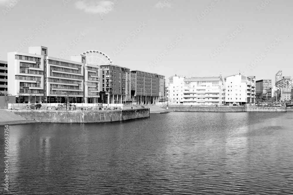 Liverpool docks. Black and white retro style.