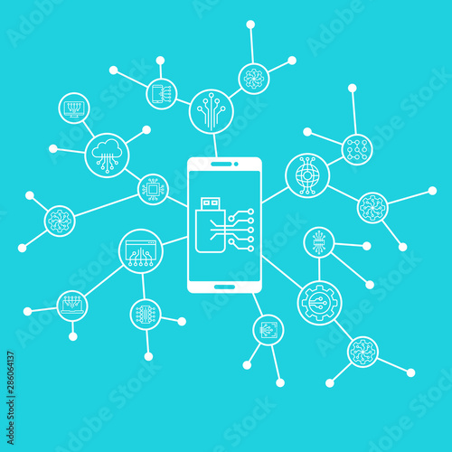 Computer technology and engineering system connection concept.