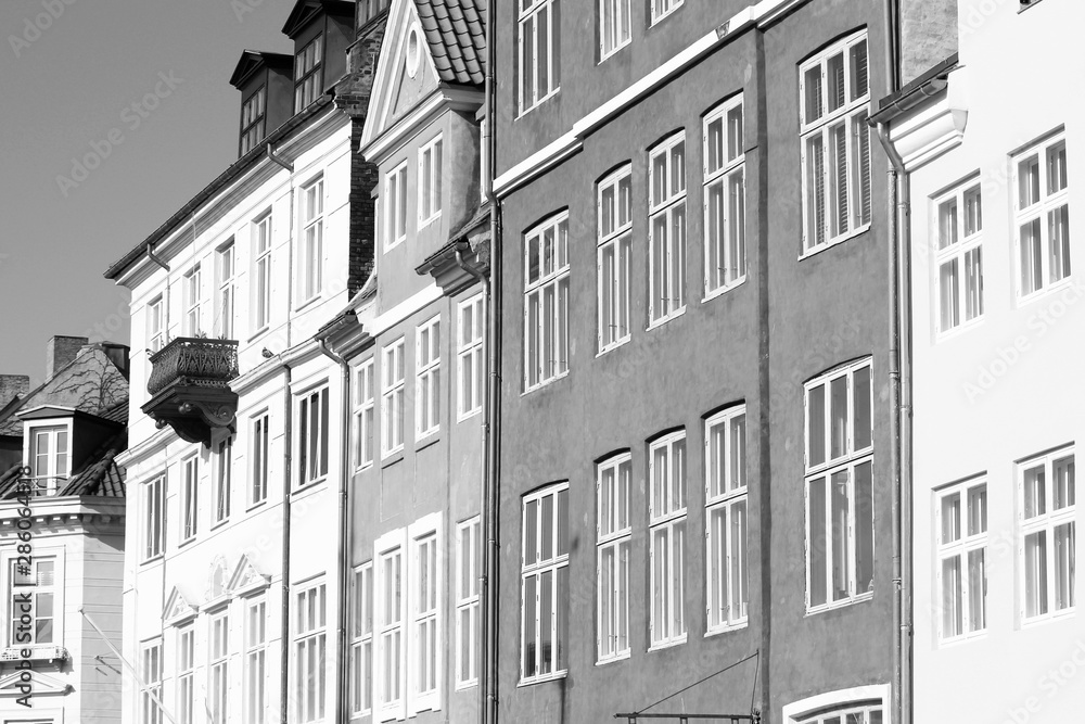 Denmark landmark - Nyhavn street in Copenhagen. Black and white vintage style.