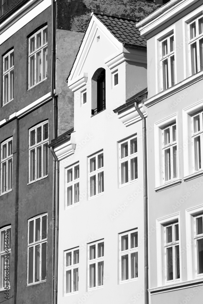Nyhavn street - Copenhagen city. Black and white vintage style.