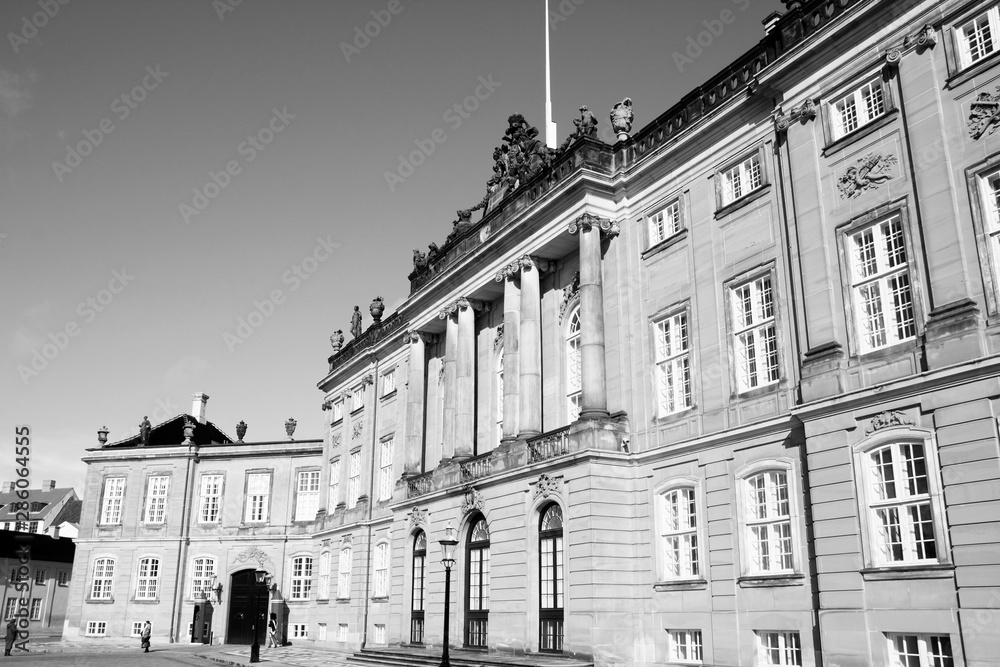 Denmark - Copenhagen Royal Palace. Black and white vintage style.