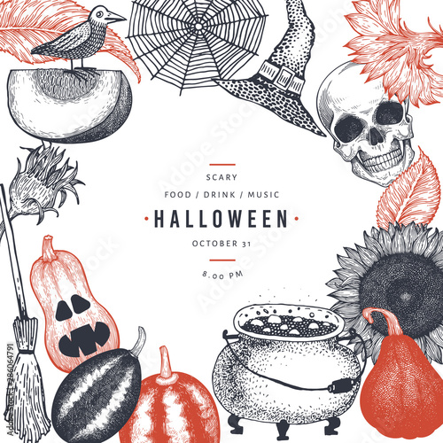 Halloween design template. Vector hand drawn illustrations. Banner with pumpkins, scull, cauldron and sunflower retro style. Autumn background.