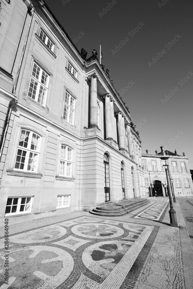 Denmark - Copenhagen. Amalienborg Palace in black and white.