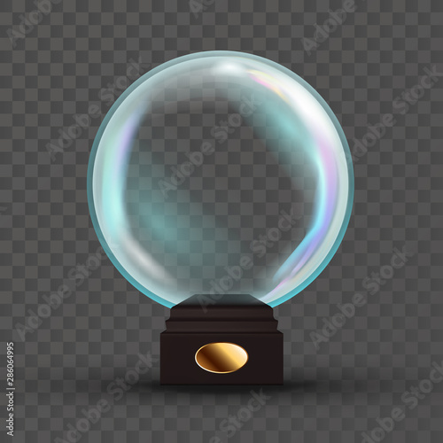 Empty Snow Globe Vector. Shadows, Reflection And Lights. Glass Sphere On A Stand. Isolated On Transparent Background