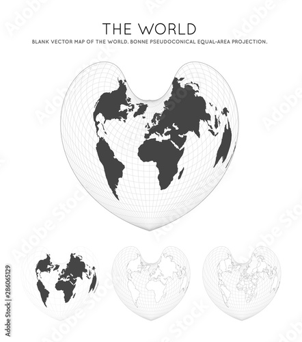 Map of the World. Bonne pseudoconical equal-area projection. Globe with latitude and longitude lines. World map on meridians and parallels background. Vector illustration.