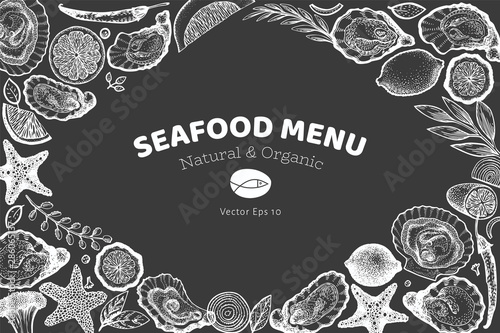 Oysters and spices design template. Hand drawn vector illustration on chalk board. Seafood banner. Can be used for design menu, packaging, recipes, label, fish market, seafood products.