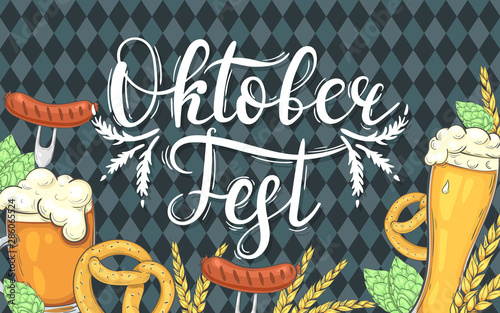 Banner for Oktoberfest. Background with beer, sausages and other.