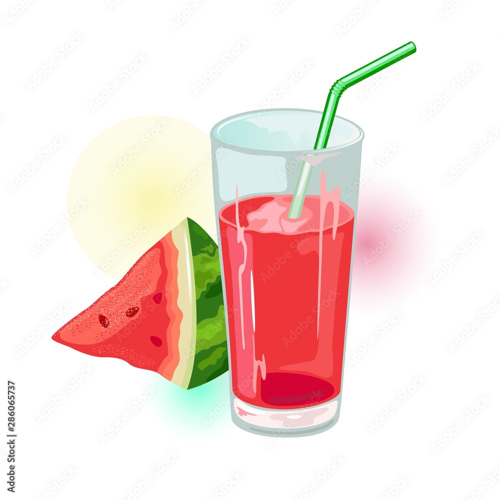 Wedge of ripe watermelon and glass of red juice with straw. Natural healthy product. Summer drink, beverage. Cartoon vector illustration isolated on white for menu, recipe, cookbook, packing. Wedge of ripe watermelon and glass of red juice with straw. Natural healthy product. Summer drink, beverage. Cartoon vector illustration isolated on white for menu, recipe, cookbook, packing.