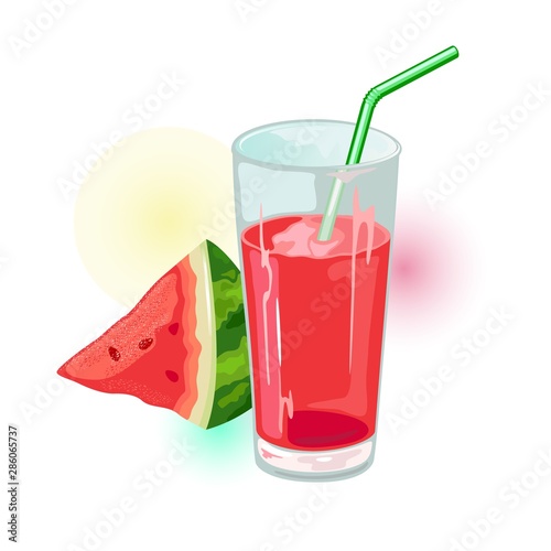 Wedge of ripe watermelon and glass of red juice with straw. Natural healthy product. Summer drink, beverage. Cartoon vector illustration isolated on white for menu, recipe, cookbook, packing.