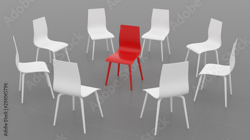 Red chair in a circle of white chairs on a gray background. 3d illustration.