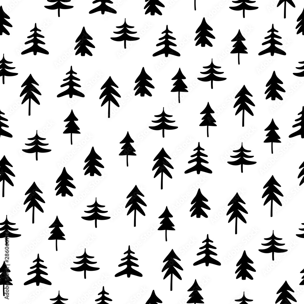 Obraz premium Winter forest tree pattern. Christmas decorative background. Different trees in hand drawn style. Vector illustration.