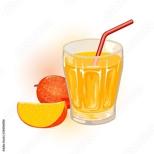 Ripe mango, whole and slice are next to glass of yellow nectar, juice with straw. Aam panna. Tropical stone fruit and sweet beverage, drink in transparent cup. Cartoon vector icon isolated on white.