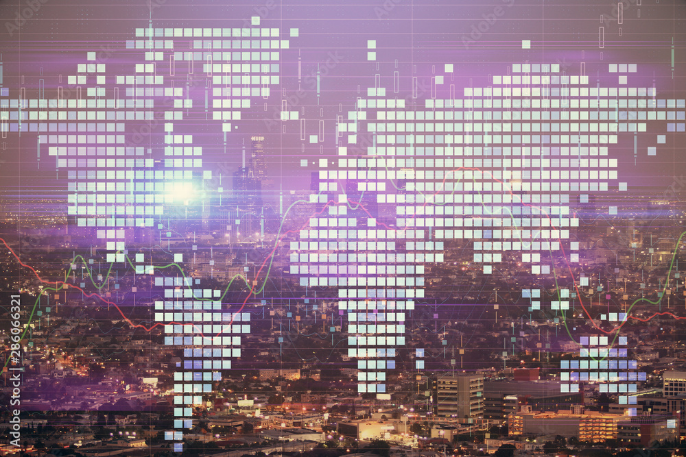 Double exposure of business theme hologram drawing and city veiw background. Concept of success.