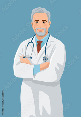 Smiling middle-aged doctor. Handsome man with gray hair and beard wearing a lab coat stands with crossed arms. Vector illustration