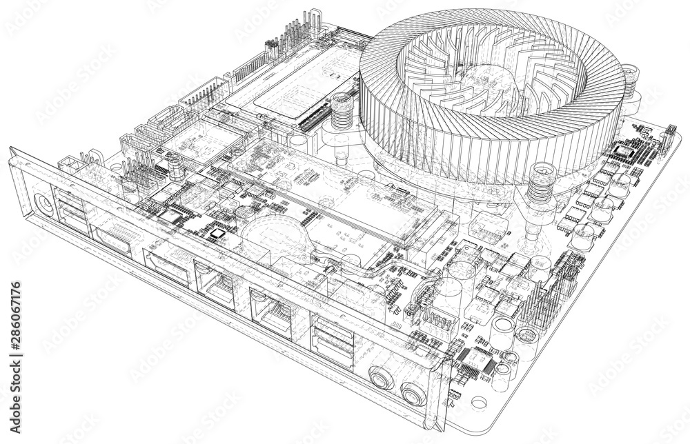 Electronic circuit board. Vector illustration. Wire-frame. Tracing illustration of 3d.
