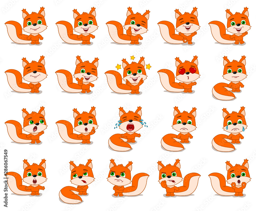 Big set of funny squirrel in cartoon style in different standing poses and emotions isolated on white background
