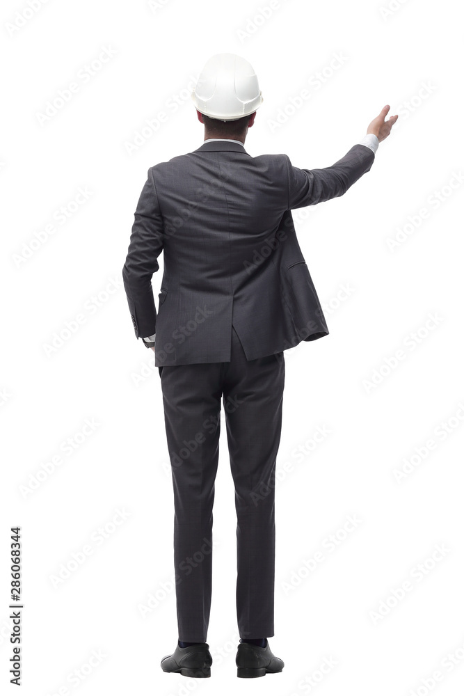 businessman in hard-hat looking at blank white screen. isolated on white businessman in hard-hat looking at blank white screen. isolated on white