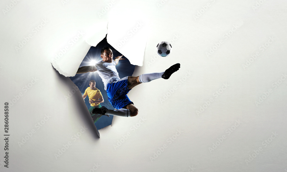 Paper breakthrough hole effect and soccer - obrazy, fototapety, plakaty 