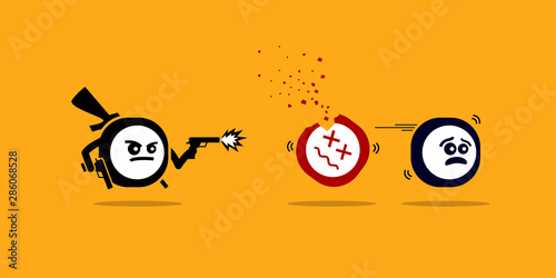 Killer app killing other mobile apps by shooting them with gun. Vector concept artwork depicts new technology that is superior and better over competitors and rivals software product.