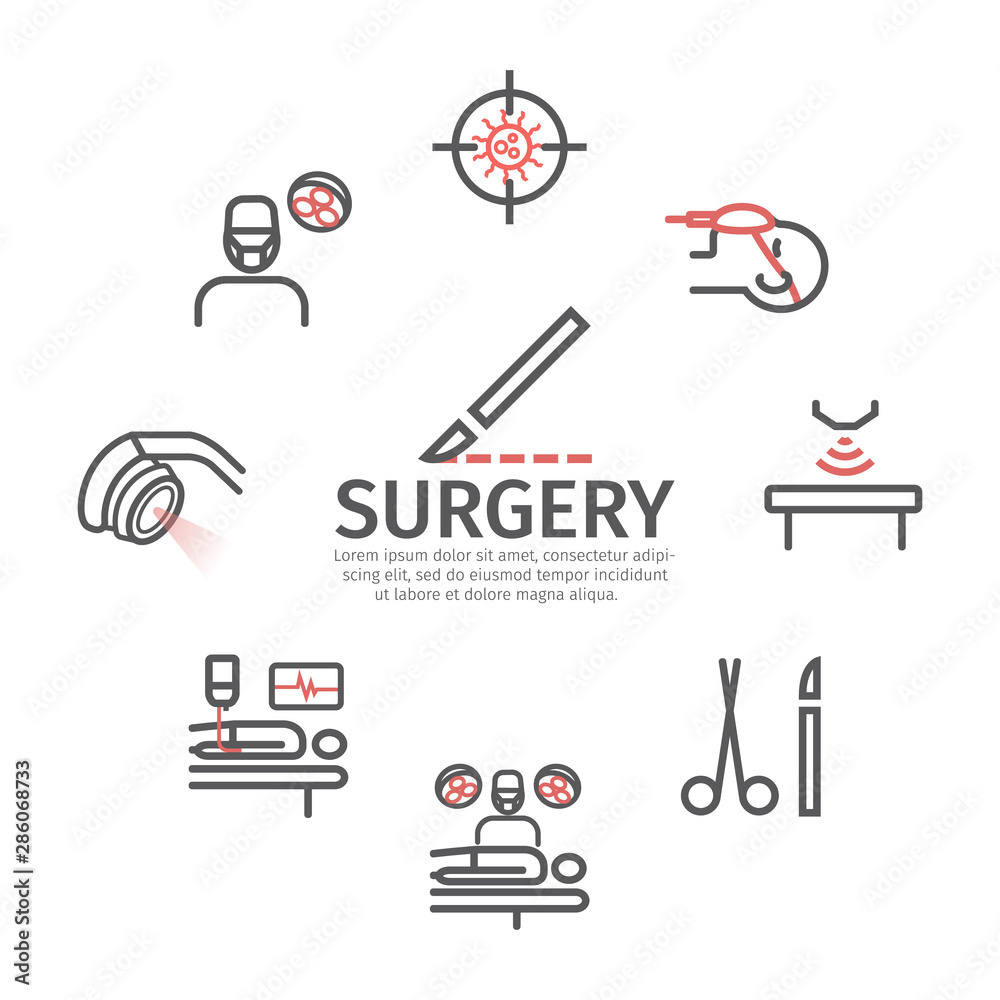 Fototapeta premium General Surgery banner, line icons. Hospital department. Health center. Vector sign for web graphics.