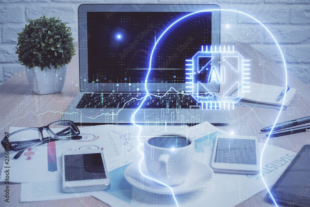 Double exposure of desktop with computer and brain drawing hologram. Artificial intelligence concept. Double exposure of desktop with computer and brain drawing hologram. Artificial intelligence concept.
