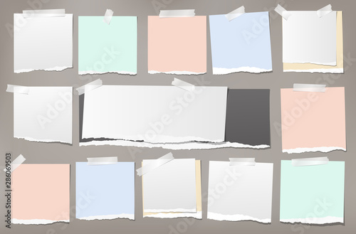 Set of torn white and colorful note, notebook strips, paper pieces stuck with sticky tape on brown background. Vector illustration